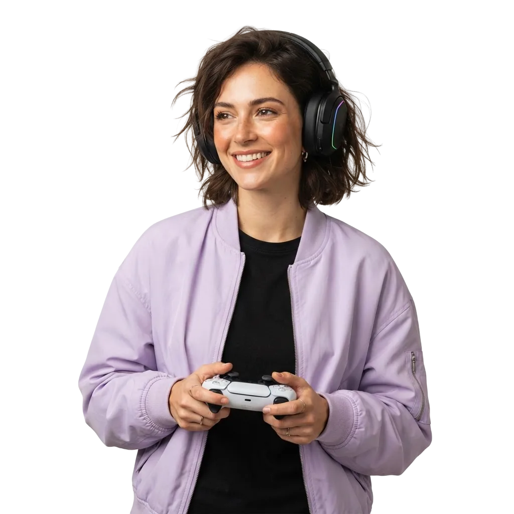 A woman wearing headphones and holding a game controller