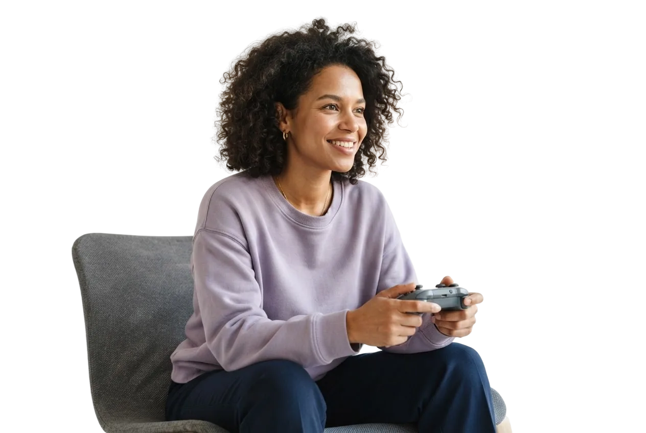An adult enjoying a game with a controller